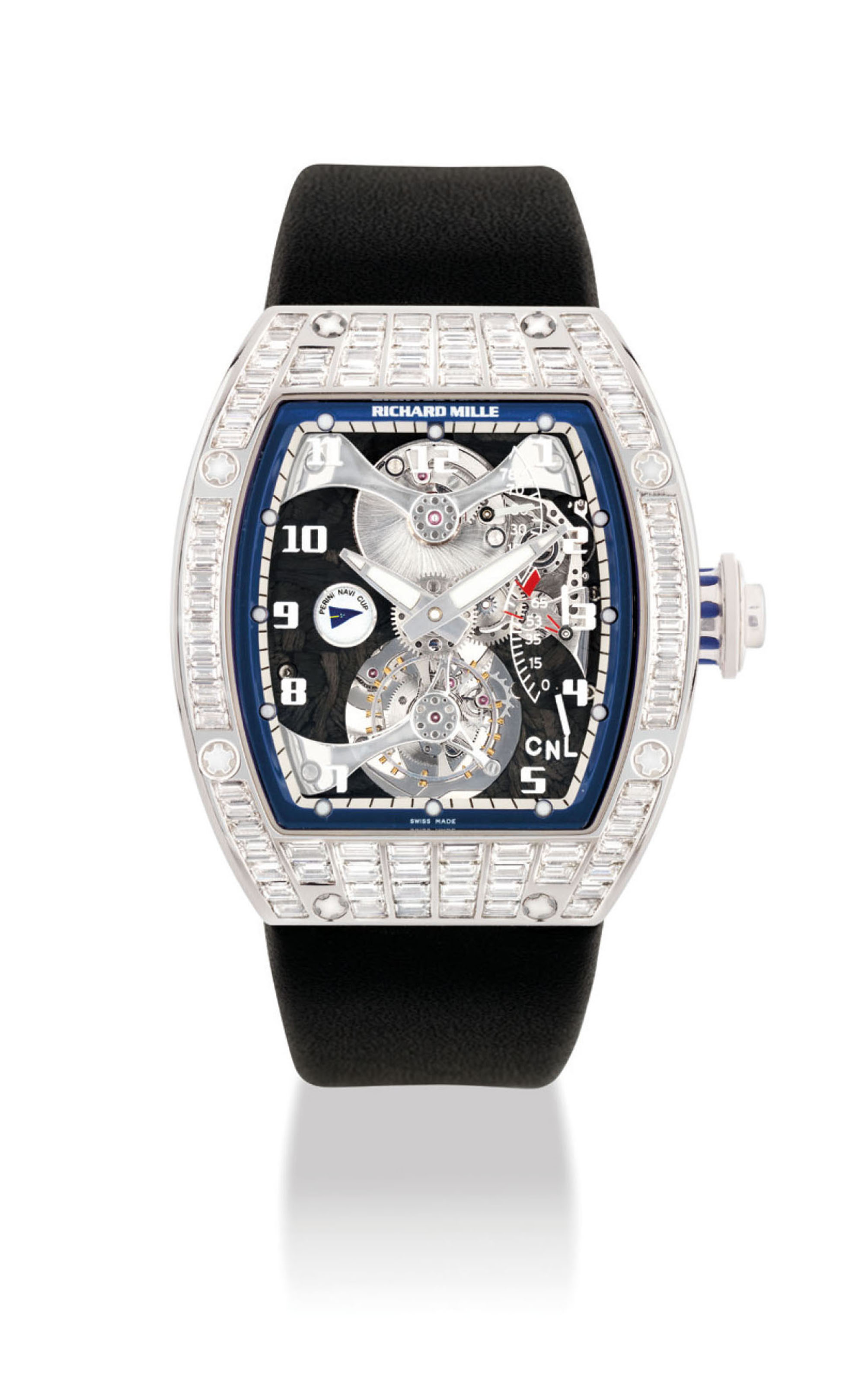 Richard Mille An Extremely Rare And Fine Platinum And Baguette Cut Diamond Set Tourbillon Wristwatch With Torque Indicator And Power Reserve Signed Richard Mille Perini Navi Cup Model Rm014 Ag Pt Movement No